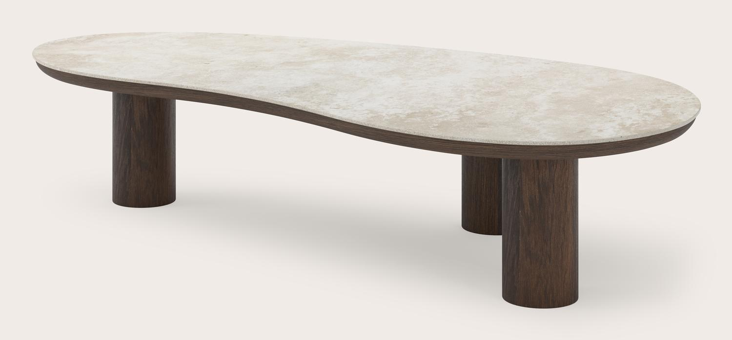 Salontafel Amato Rondo XSmall onderstel in gerookte eik met blobvormig volkeramisch Ceramo blad in kleur Rapolano 135 x 68 x 29 cm