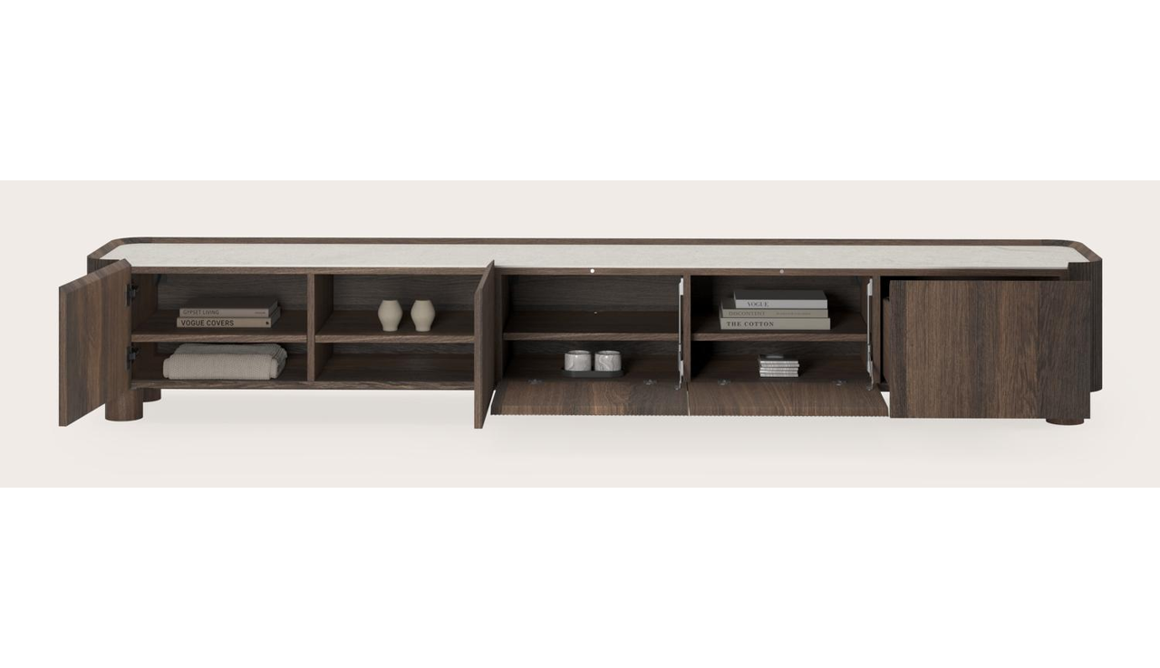 Meuble tv Grivato en chêne fumé avec pieds ronds en bois avec plateau Ceramo en céramique en couleur Shilin 269 x 45 x 44 cm