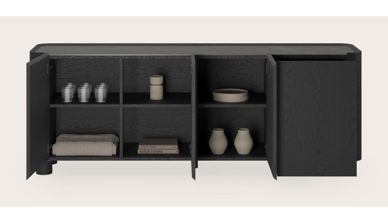 Grivato dressoir in zwarte eik met ronde poten met volkeramisch Ceramo blad in kleur Calatorao 203 x 45 cm