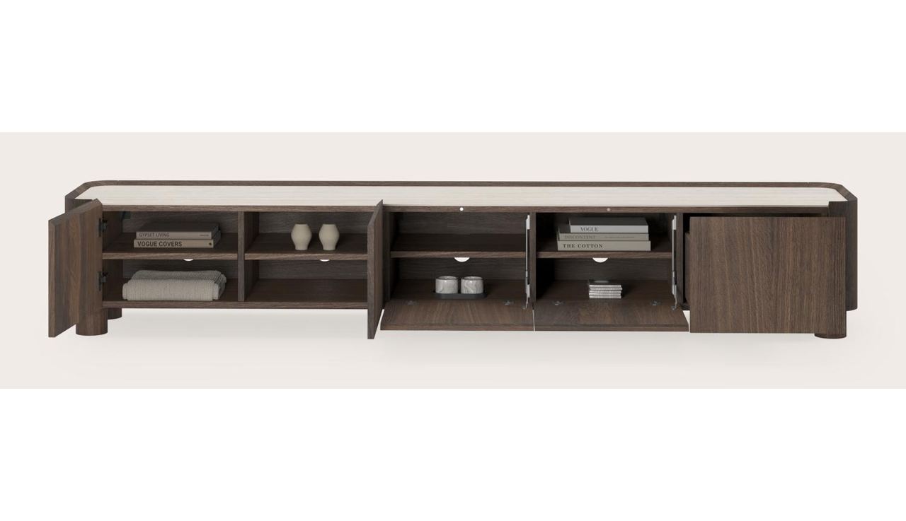 Meuble tv Curvato en chêne fumé avec pieds ronds en bois avec plateau Ceramo en céramique en couleur Travertino Bianco 249 x 45 x 44 cm