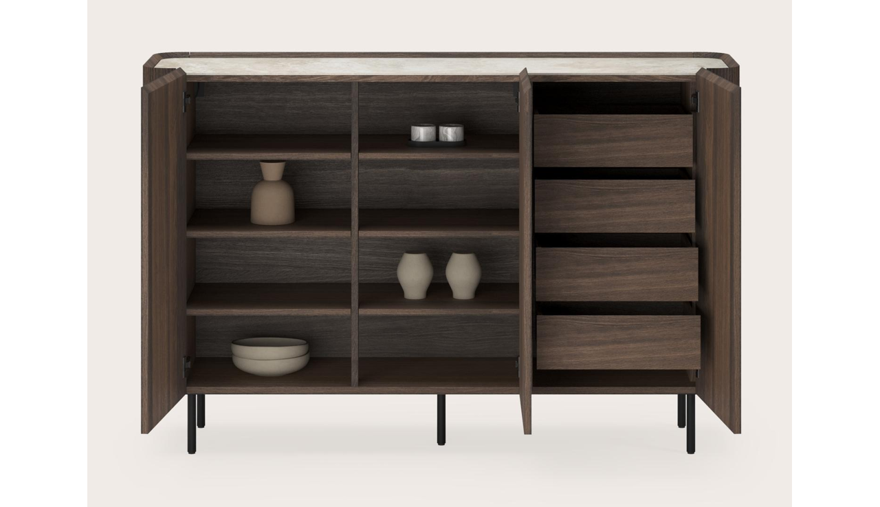 Buffet haut Grivato en chêne fumé avec pieds ronds avec plateau Ceramo rond en céramique en couleur Rapolano 169 x 45 cm