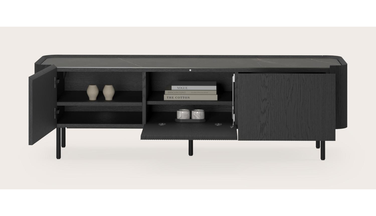 Grivato tv-meubel in zwarte eik met ronde poten met volkeramisch Ceramo blad in kleur Calatorao 169 x 45 cm