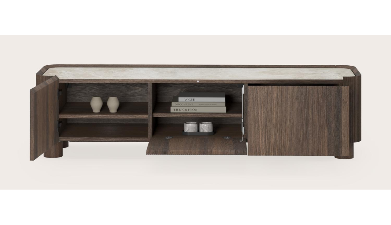 Meuble tv Grivato en chêne fumé avec pieds ronds avec plateau Ceramo rond en céramique en couleur Rapolano 169 x 45 cm