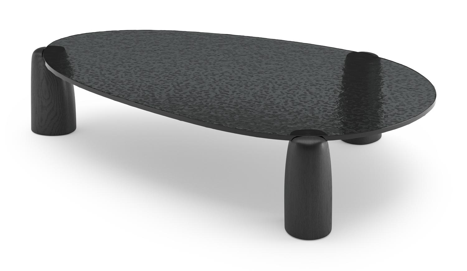 Salontafel Lucento onderstel in zwarte eik met eivormig glazen blad in grijze kleur 130 x 50 x 26 cm