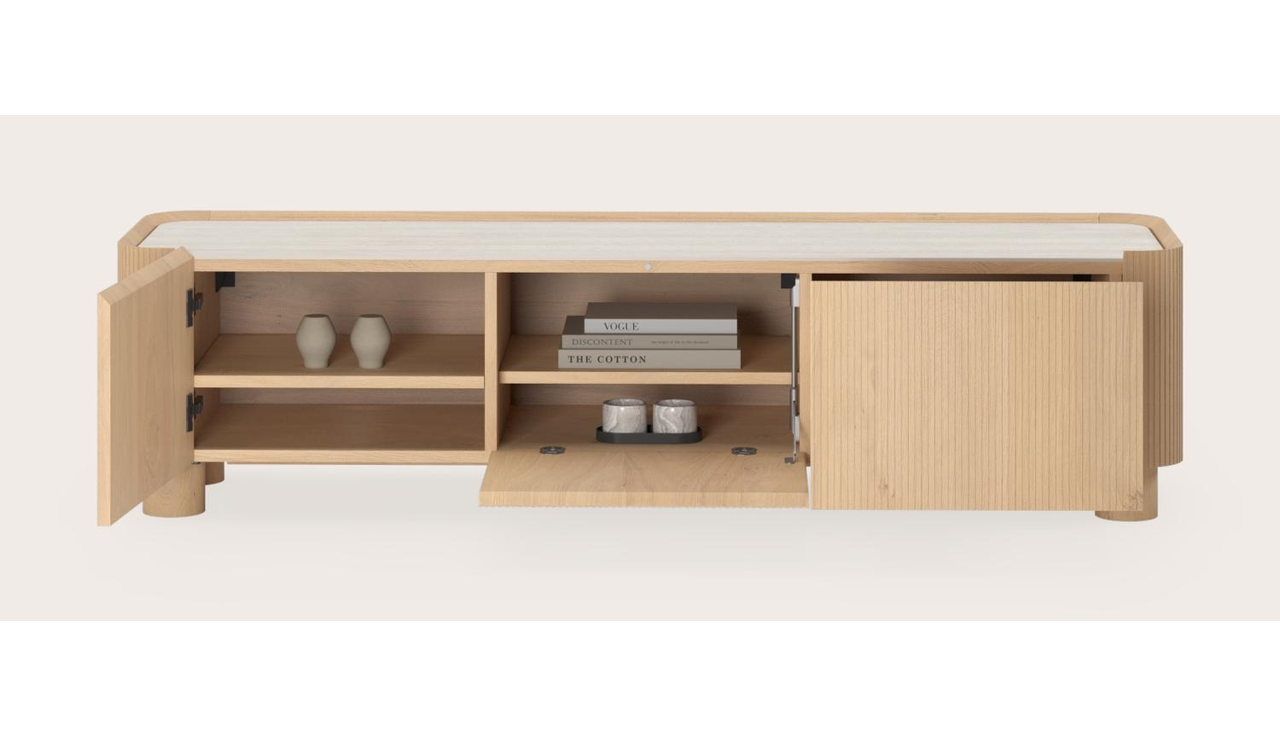 Grivato tv-meubel in natuurkleurige eik met ronde poten met volkeramisch Ceramo blad in kleur Travertino Bianco 169 x 45 cm