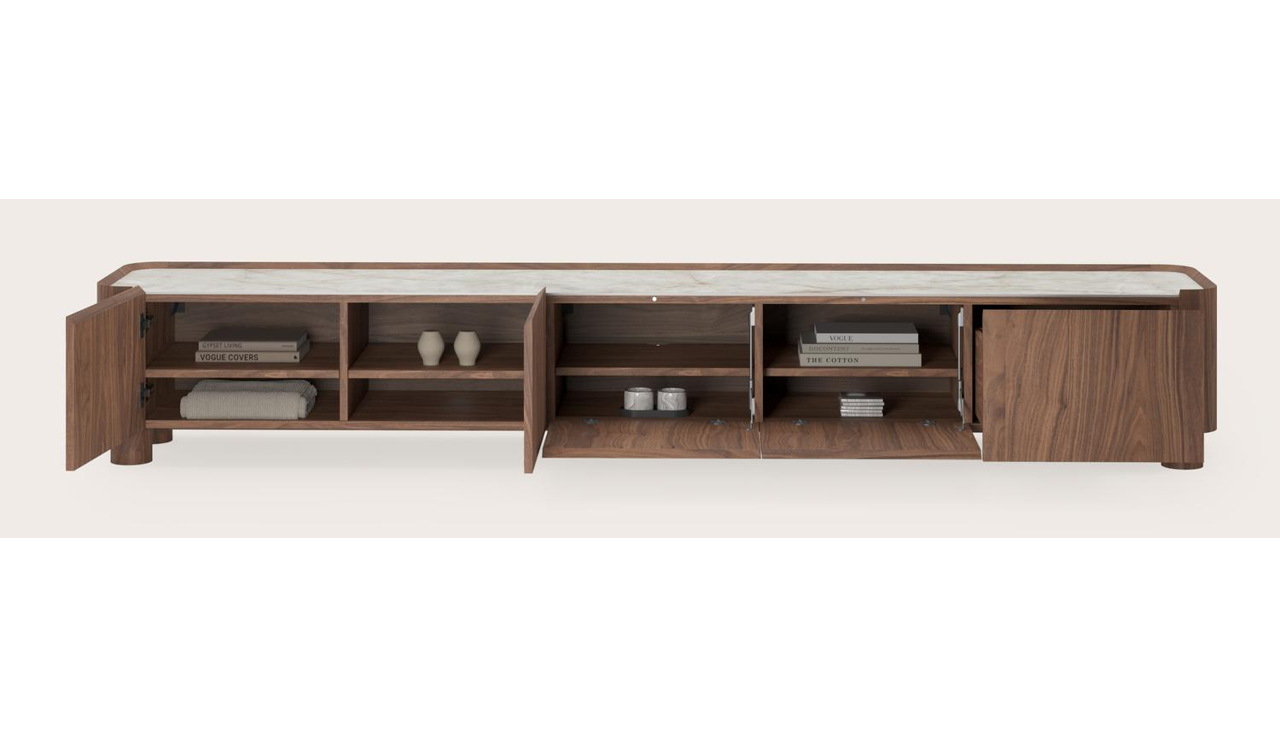 Curvato tv-meubel in walnoot met ronde houten poten met volkeramisch Ceramo blad in kleur Himalaya 269 x 45 x 44 cm