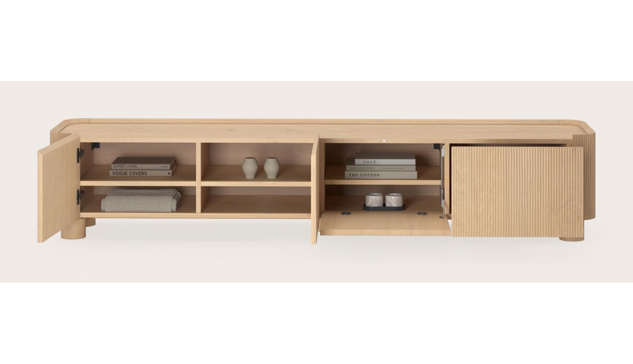 Grivato tv-meubel in natuurkleurige eik met ronde houten poten 219 x 45 cm