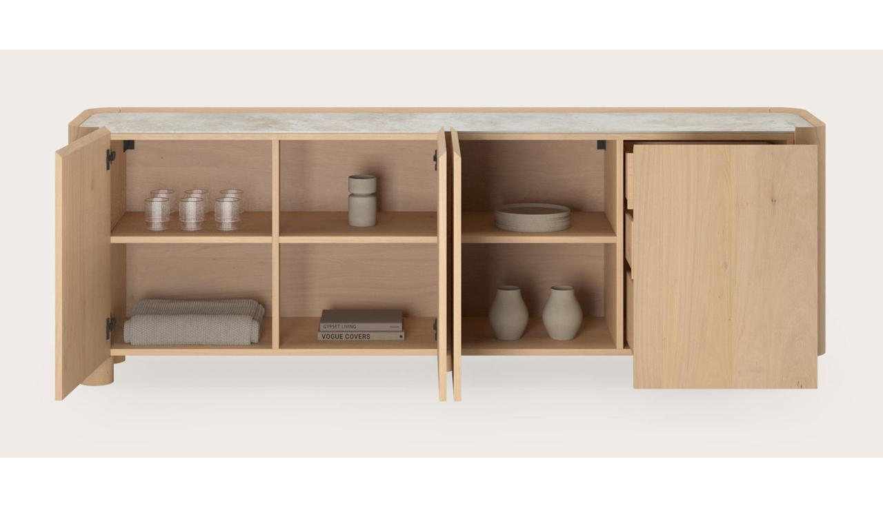Curvato dressoir in natuurkleurige eik met ronde houten poten met volkeramisch Ceramo blad in kleur Rapolano 219 x 45 x 76 cm