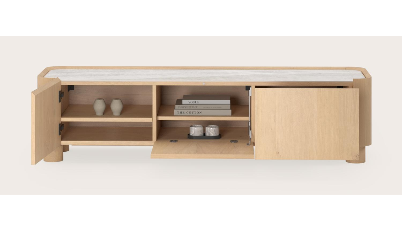 Meuble tv Curvato en chêne couleur naturelle avec pieds ronds en bois avec plateau Ceramo en céramique en couleur Taj Mahal 169 x 45 x 44 cm
