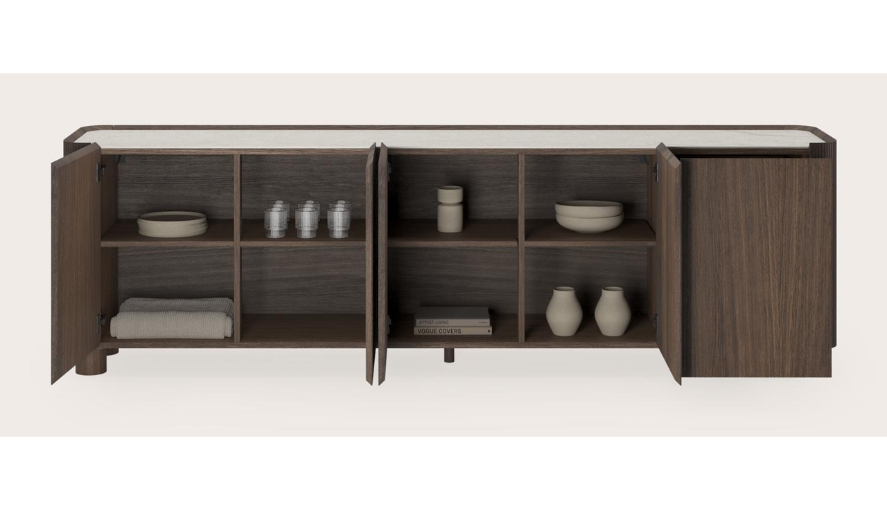 Grivato dressoir in gerookte eik met ronde houten poten met volkeramisch Ceramo blad in kleur Shilin 249 x 45 x 76 cm