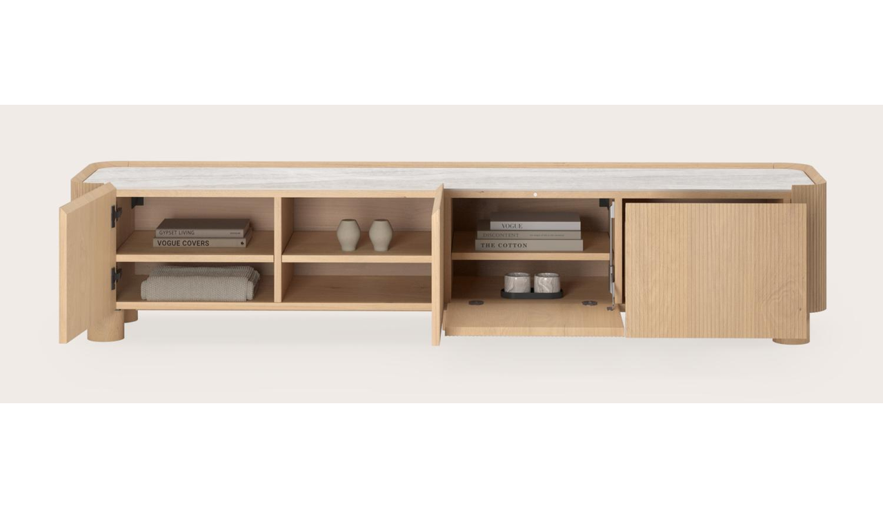 Grivato tv-meubel in natuurkleurige eik met ronde poten met volkeramisch Ceramo blad in kleur Taj Mahal 203 x 45 cm