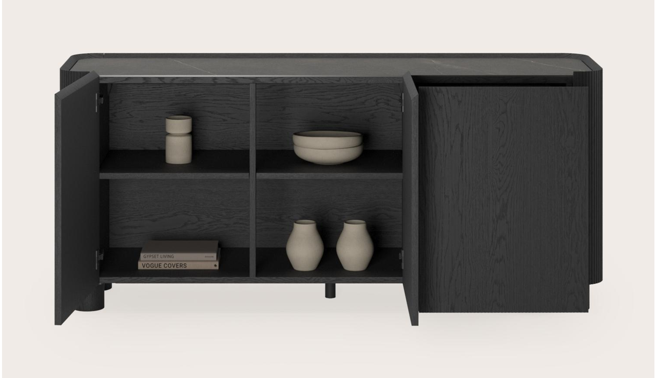 Buffet Grivato en chêne noir avec pieds ronds avec plateau Ceramo rond en céramique en couleur Calatorao 169 x 45 cm