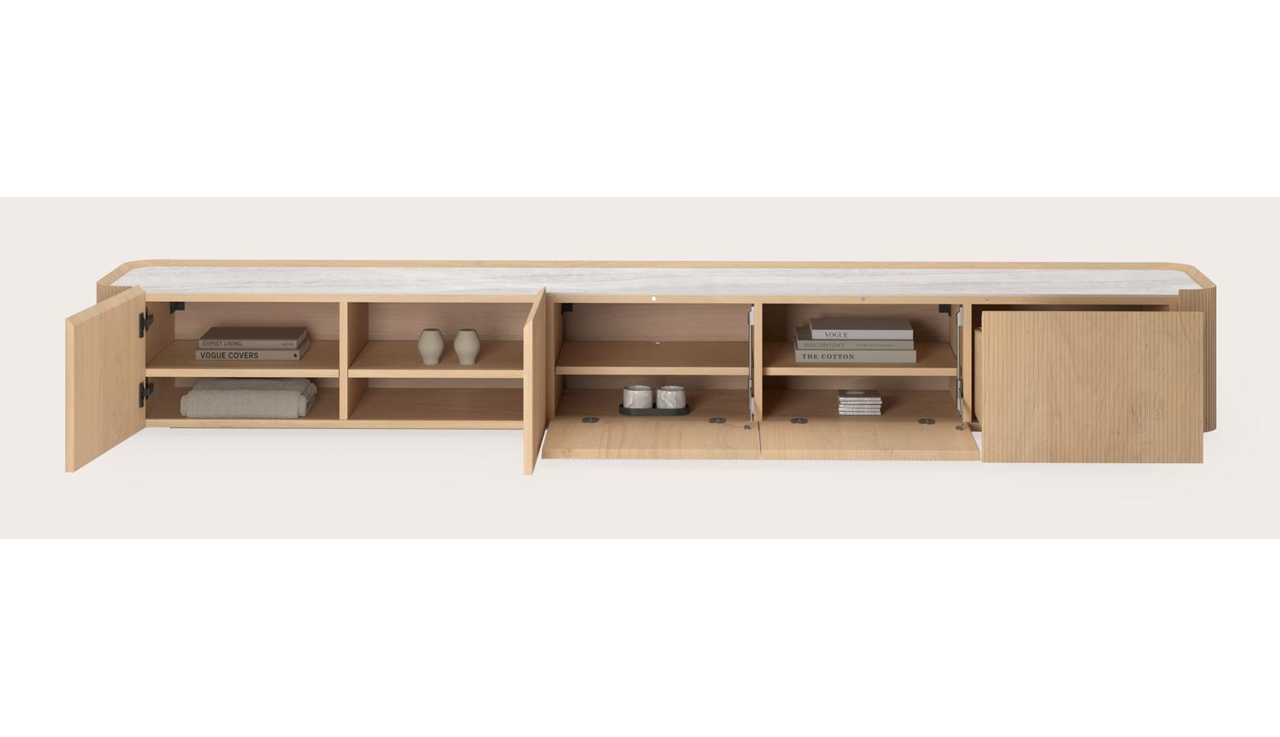 Meuble tv Grivato en chêne couleur naturelle avec pieds ronds avec plateau Ceramo rond en céramique en couleur Taj Mahal 269 x 45 cm