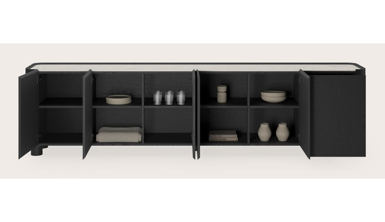 Grivato dressoir in zwarte eik met ronde houten poten met volkeramisch Ceramo blad in kleur Shilin 294 x 45 x 76 cm