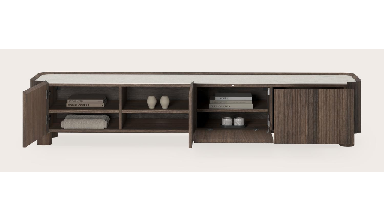 Meuble tv Grivato en chêne fumé avec pieds ronds en bois avec plateau Ceramo en céramique en couleur Shilin 219 x 45 x 44 cm