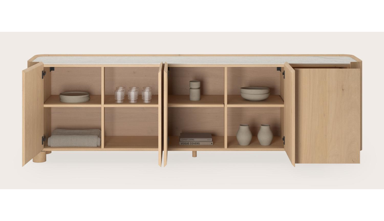 Grivato dressoir in natuurkleurige eik met ronde houten poten met volkeramisch Ceramo blad in kleur Shilin 249 x 45 x 76 cm