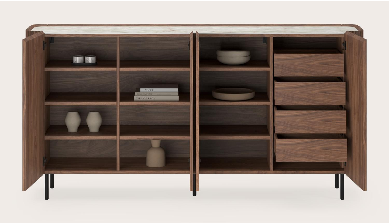 Buffet haut Grivato en noyer avec pieds ronds avec plateau Ceramo rond en céramique en couleur Himalaya 219 x 45 cm