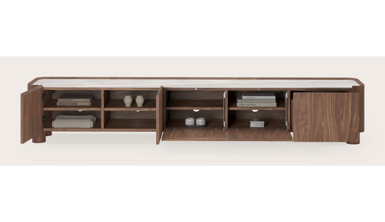 Meuble tv Curvato en noyer avec pieds ronds en bois avec plateau Ceramo en céramique en couleur Taj Mahal 249 x 45 x 44 cm