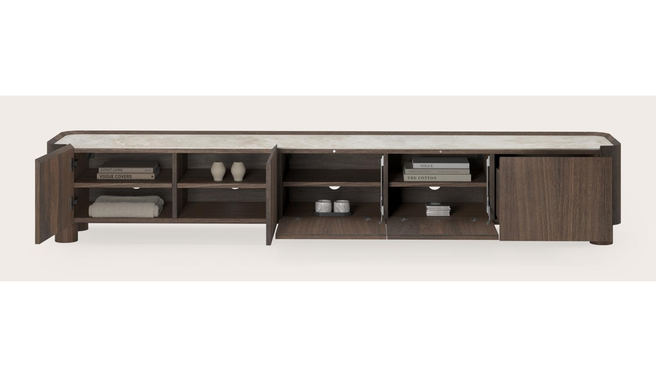 Curvato tv-meubel in gerookte eik met ronde houten poten met volkeramisch Ceramo blad in kleur Rapolano 249 x 45 x 44 cm