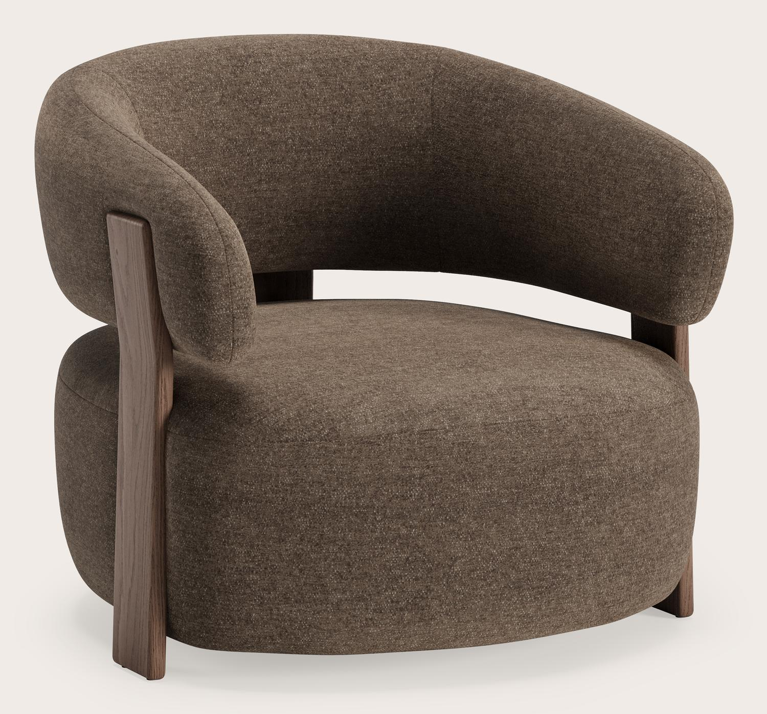 Modena fauteuil in Elviro stof Chocolate met stoelpoot in walnootkleurige eik