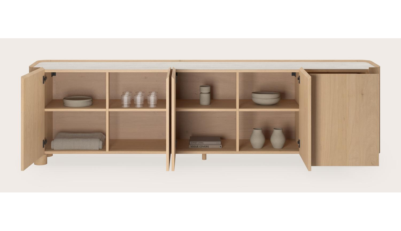 Grivato dressoir in natuurkleurige eik met ronde poten met volkeramisch Ceramo blad in kleur Travertino Bianco 269 x 45 cm