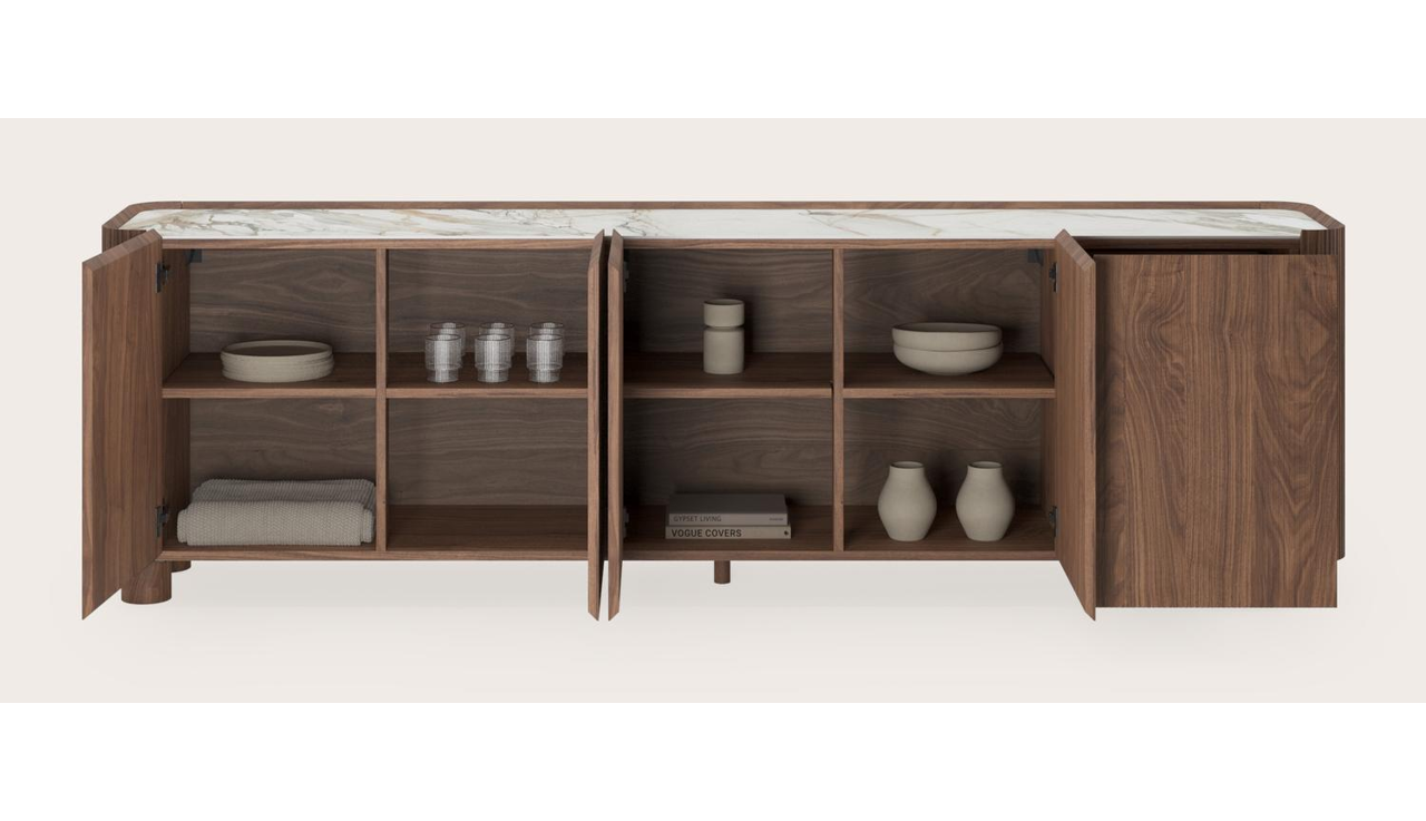 Buffet Grivato en noyer avec pieds ronds en bois avec plateau Ceramo en céramique en couleur Calacatta Luxe 249 x 45 x 76 cm