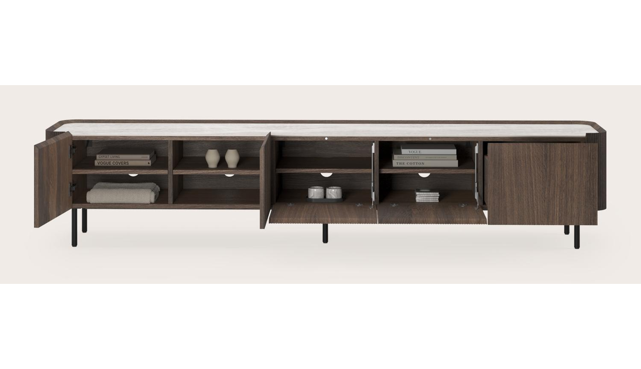 Meuble tv Grivato en chêne fumé avec pieds ronds avec plateau Ceramo rond en céramique en couleur Taj Mahal 249 x 45 cm