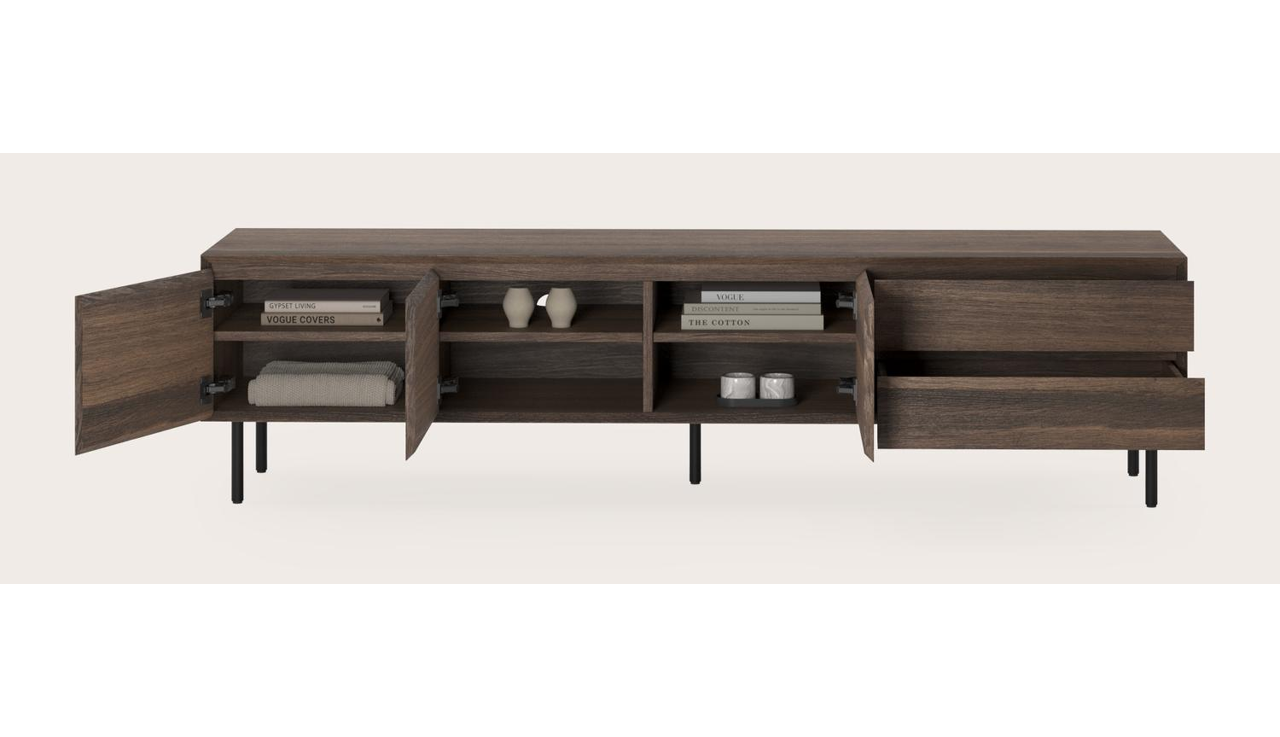 Meuble tv Arno en chêne fumé avec pieds ronds 200 x 45 cm