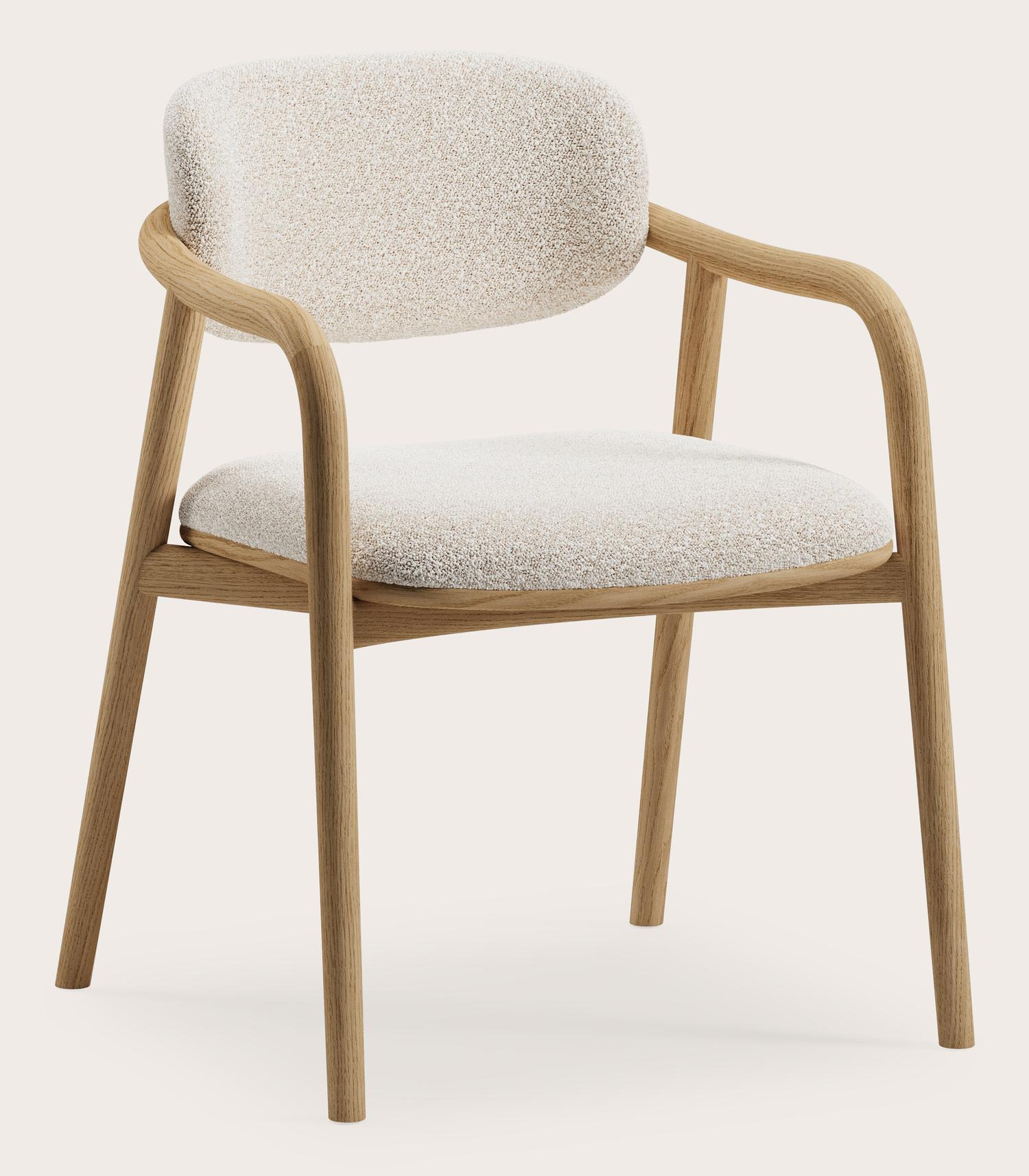 Livio armstoel in Ritmo stof Pearl met stoelpoot in natuurkleurige eik