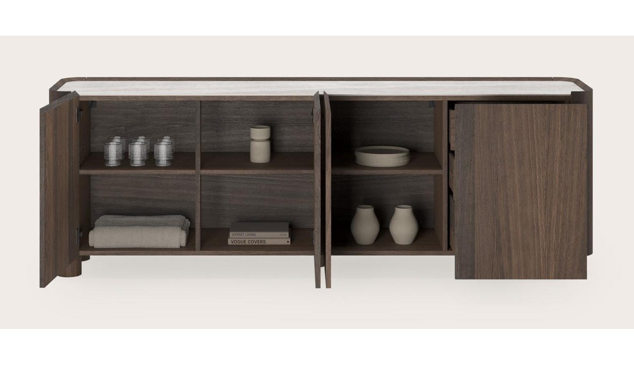 Curvato dressoir in gerookte eik met ronde houten poten met volkeramisch Ceramo blad in kleur Taj Mahal 219 x 45 x 76 cm