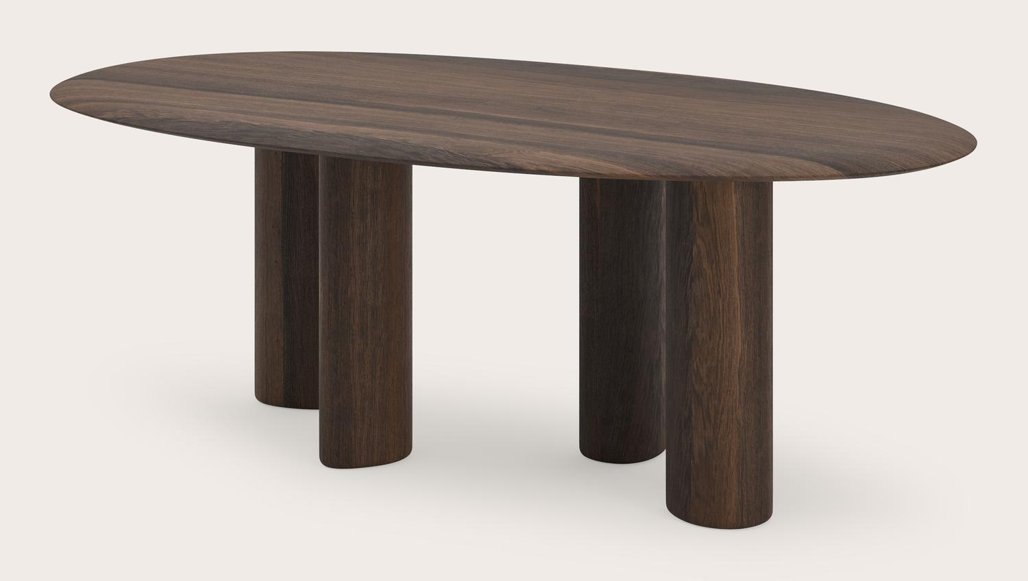 Eettafel Volanto onderstel in gerookte eik met organisch ovaal Volanto eettafelblad in gerookte eik 220x125 cm