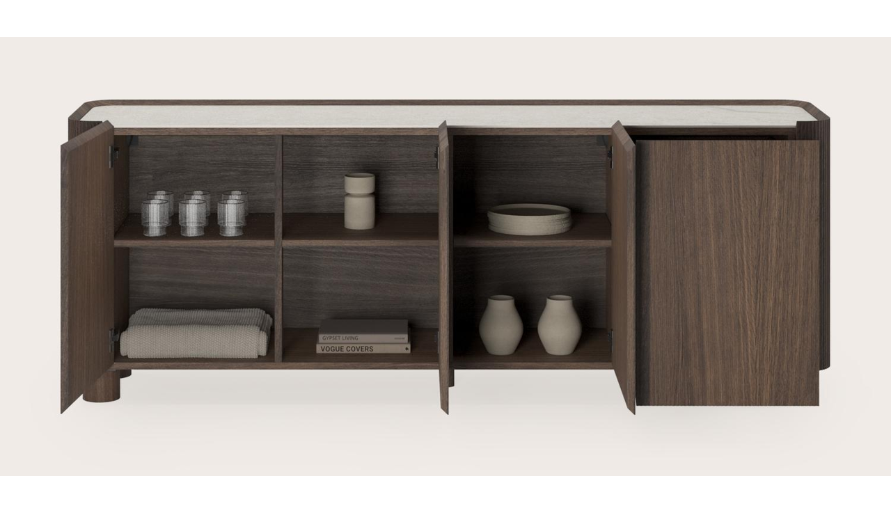 Buffet Grivato en chêne fumé avec pieds ronds en bois avec plateau Ceramo en céramique en couleur Shilin 203 x 45 x 76 cm