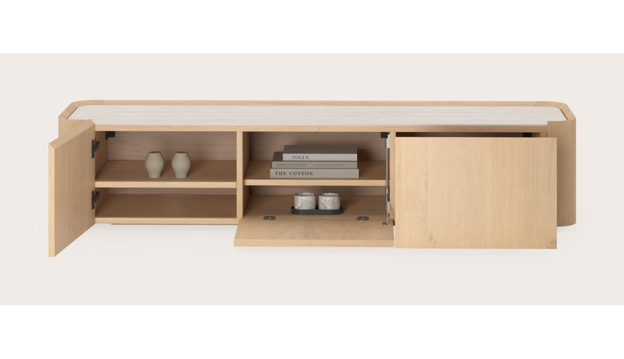 Curvato tv-meubel in natuurkleurige eik met volkeramisch Ceramo blad in kleur Travertino Bianco 169 x 45 x 34 cm