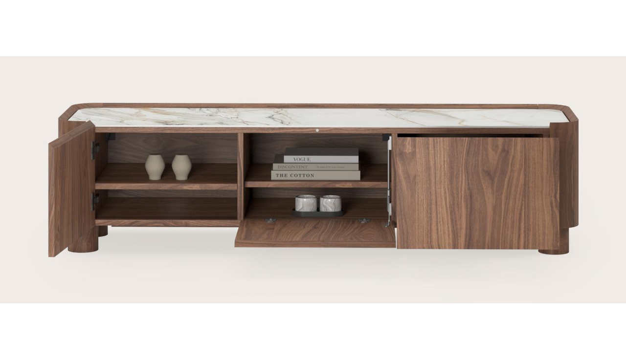 Meuble tv Curvato en noyer avec pieds ronds en bois avec plateau Ceramo en céramique en couleur Calacatta Luxe 169 x 45 x 44 cm