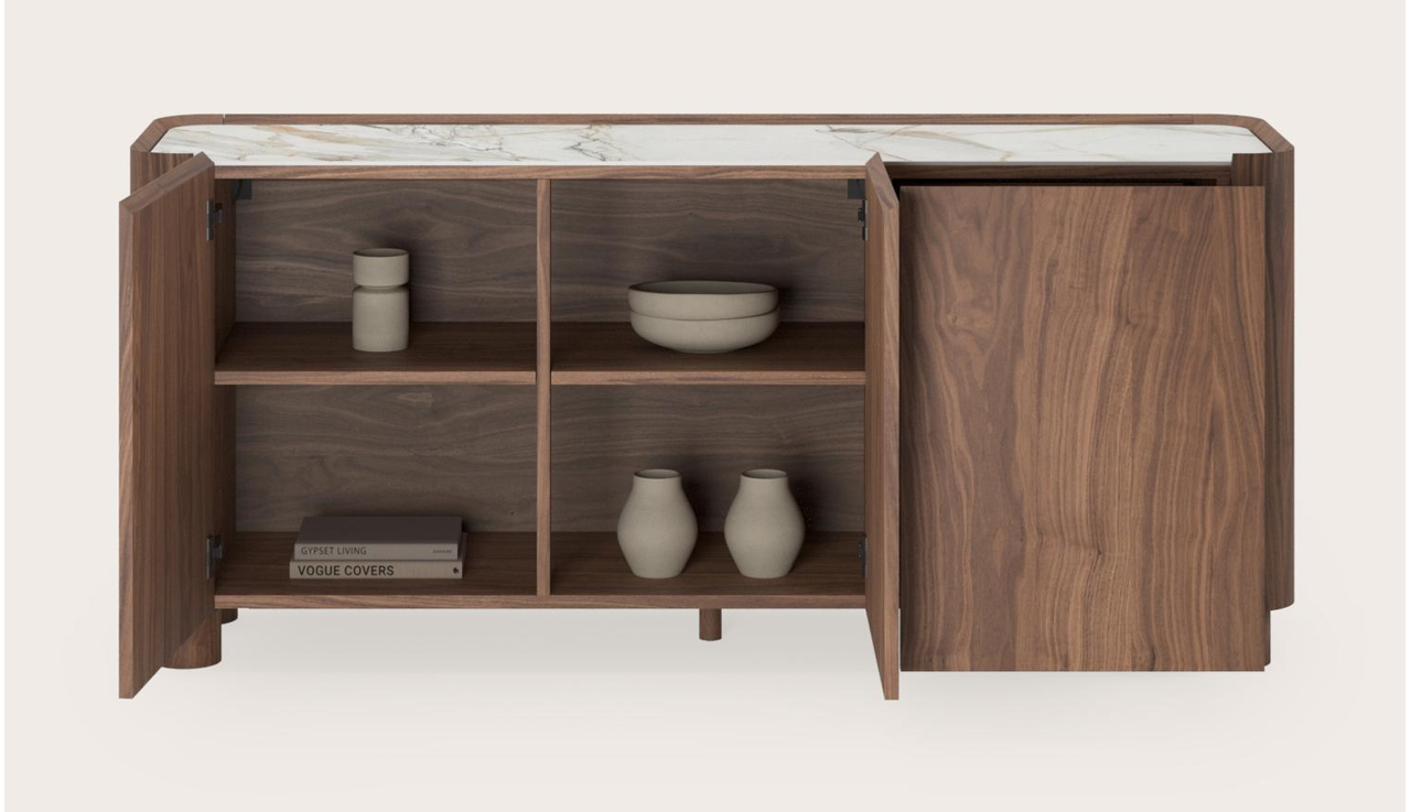Buffet Curvato en noyer avec pieds ronds en bois avec plateau Ceramo en céramique en couleur Calacatta Luxe 169 x 45 x 76 cm