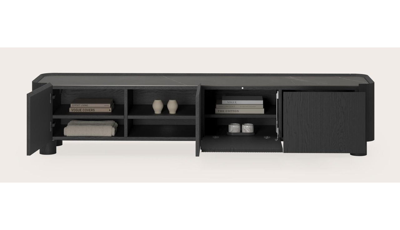 Meuble tv Grivato en chêne noir avec pieds ronds avec plateau Ceramo rond en céramique en couleur Calatorao 203 x 45 cm