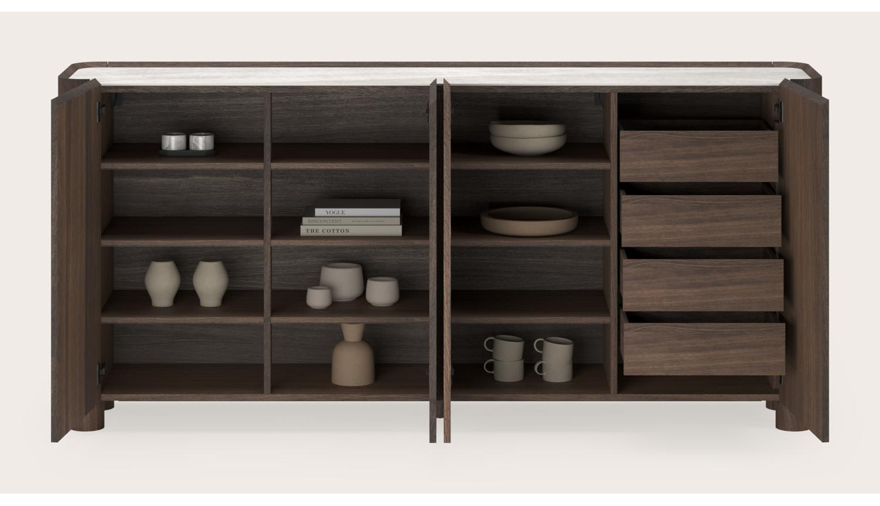 Curvato hoge dressoir in gerookte eik met ronde houten poten met volkeramisch Ceramo blad in kleur Taj Mahal 219 x 45 x 102 cm