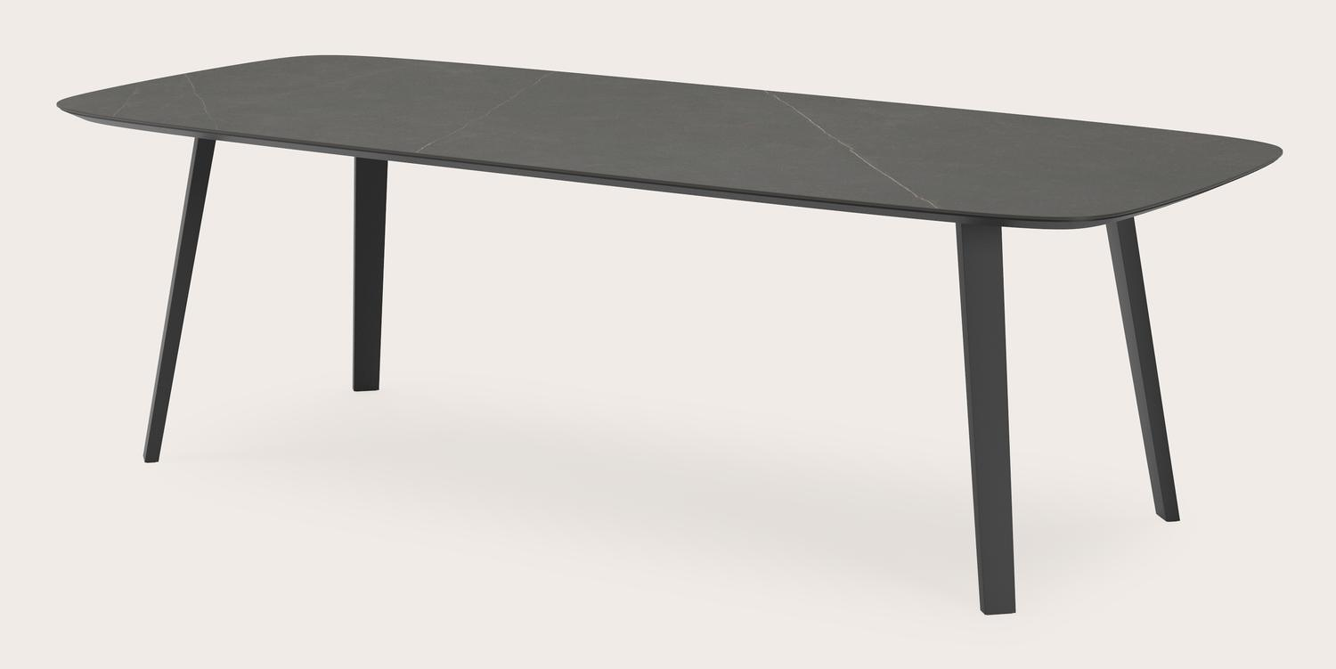 Eettafel Clino onderstel in zwart metaal met bootvormig volkeramisch Ceramo blad in kleur Calatorao 260 x 110 x 77 cm
