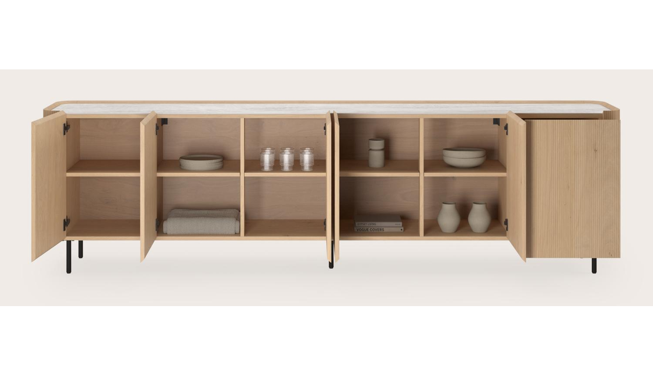 Buffet Grivato en chêne couleur naturelle avec pieds ronds avec plateau Ceramo rond en céramique en couleur Taj Mahal 294 x 45 cm