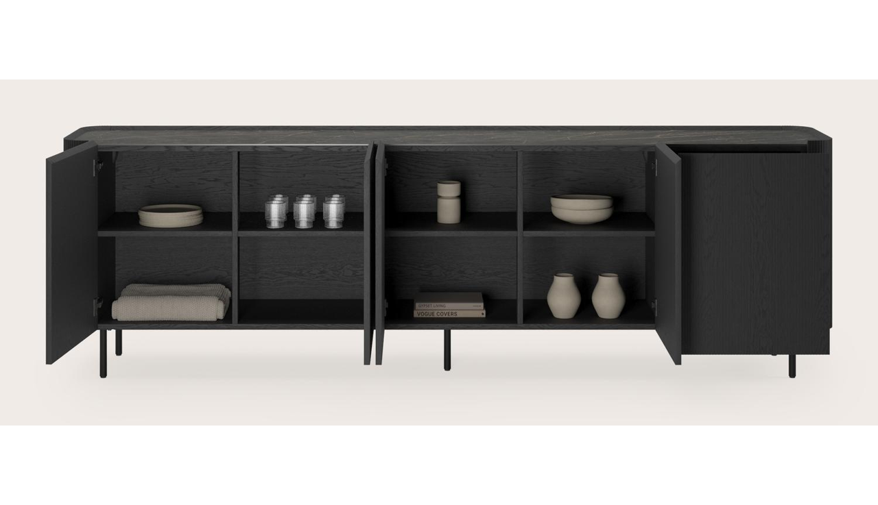 Buffet Grivato en chêne noir avec pieds ronds avec plateau Ceramo rond en céramique en couleur Black Obsession 269 x 45 cm
