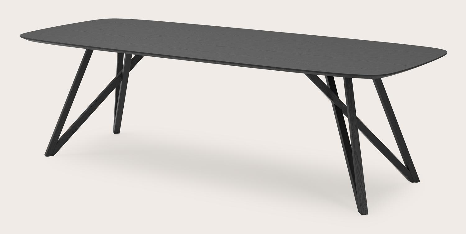 Eettafel Ragno onderstel in zwarte eik met bootvormig Finesso blad in zwarte eik 260 x 110 x 77 cm