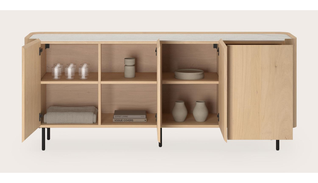 Buffet Curvato en chêne couleur naturelle avec pieds ronds en métal avec plateau Ceramo en céramique en couleur Shilin 203 x 45 x 84 cm