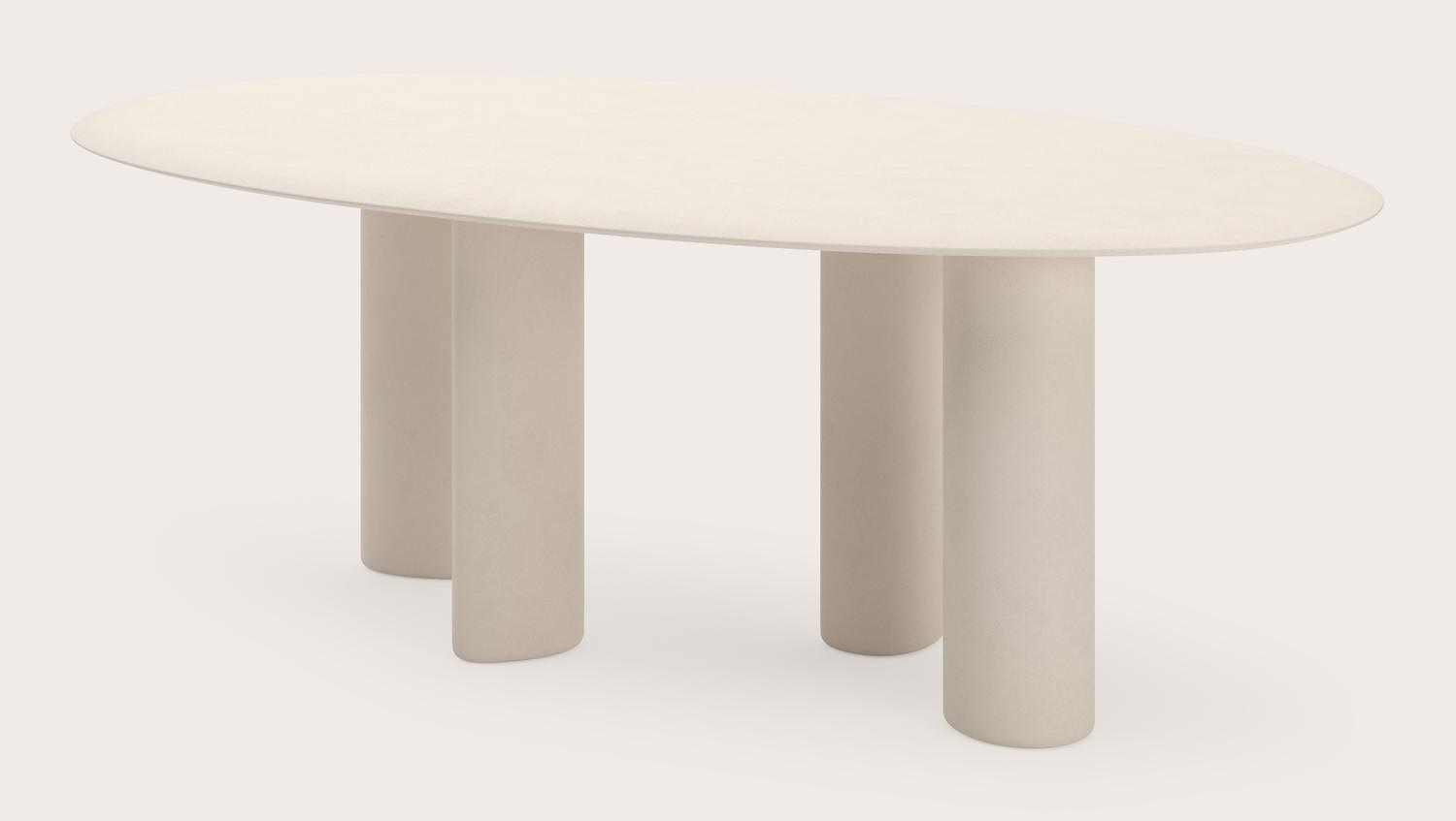 Eettafel Volante met organische ovaal blad in Claylime kleur Eggshell 220 x 125 x 76 cm