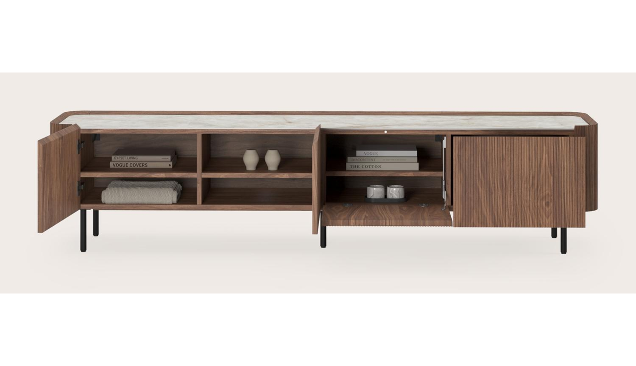 Meuble tv Grivato en noyer avec pieds ronds avec plateau Ceramo rond en céramique en couleur Himalaya 219 x 45 cm