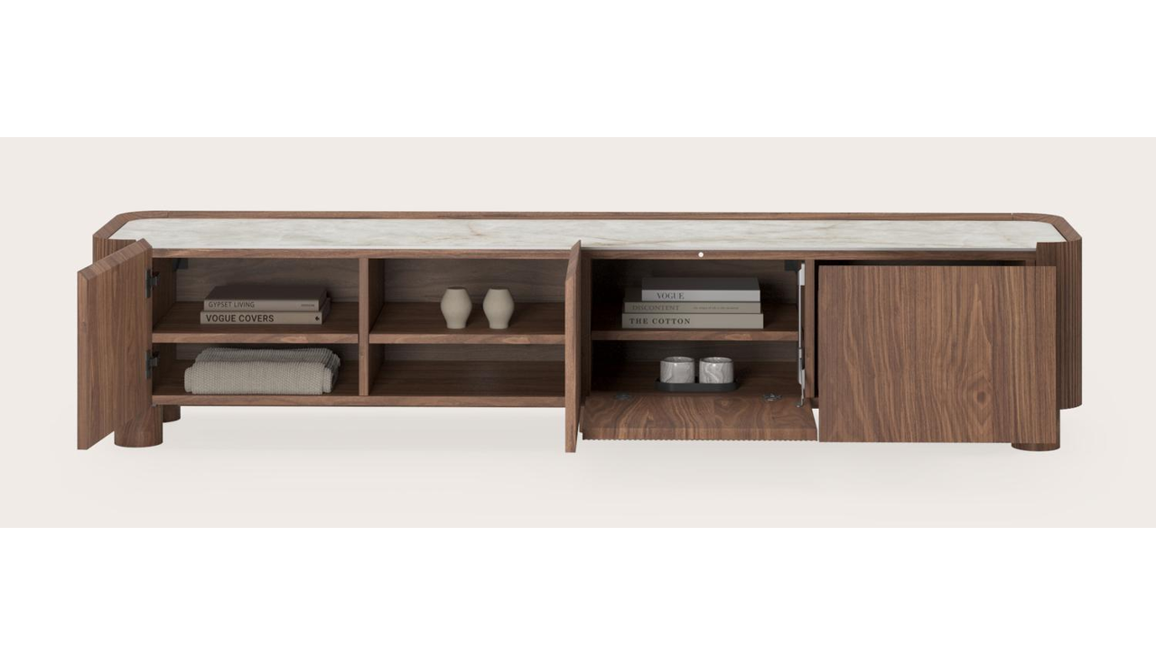 Grivato tv-meubel in walnoot met ronde poten met volkeramisch Ceramo blad in kleur Himalaya 203 x 45 cm