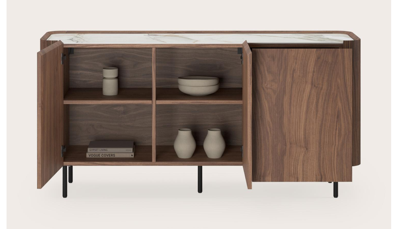 Grivato dressoir in walnoot met ronde metalen poten met volkeramisch Ceramo blad in kleur Calacatta Luxe 169 x 45 x 84 cm