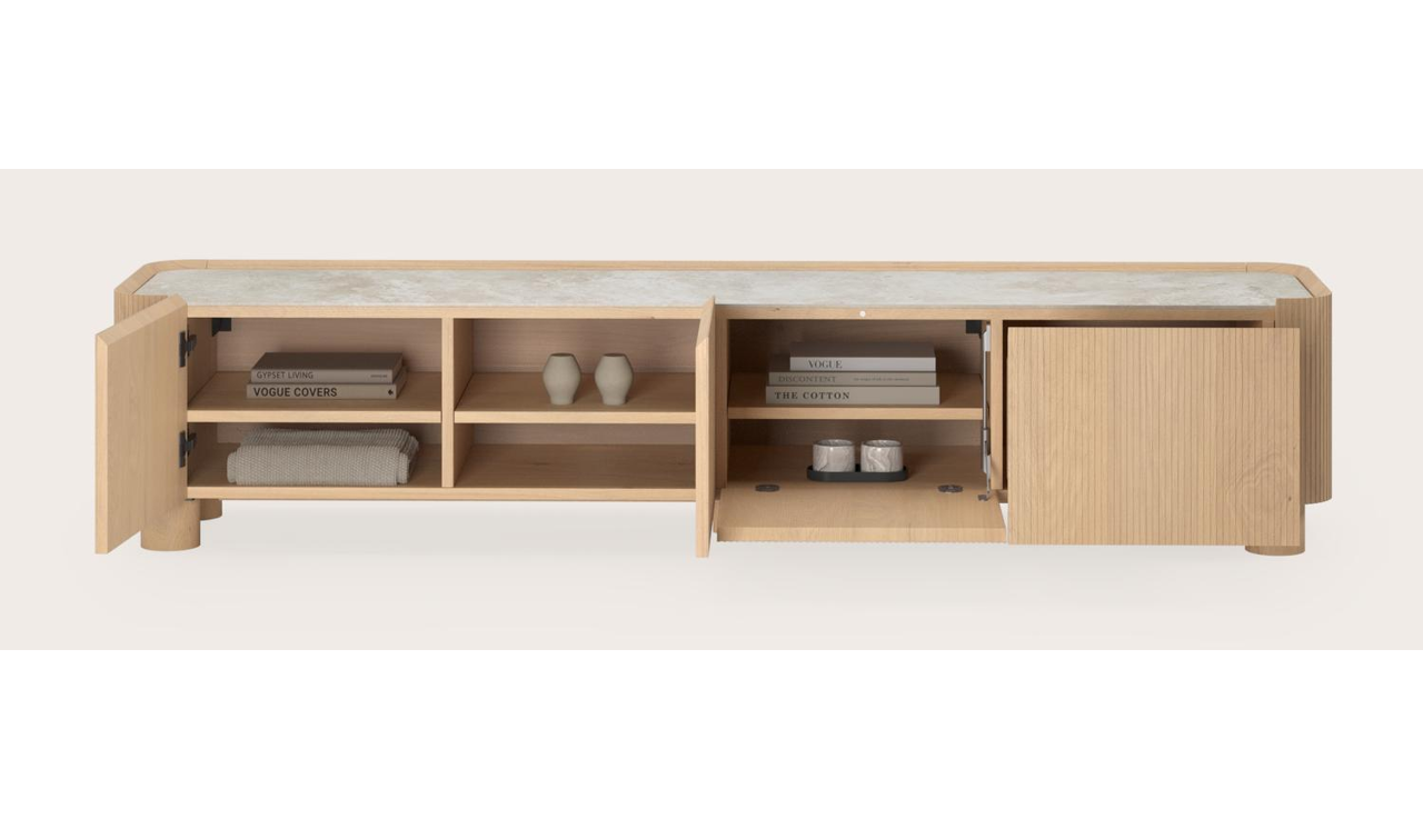 Grivato tv-meubel in natuurkleurige eik met ronde poten met volkeramisch Ceramo blad in kleur Rapolano 203 x 45 cm