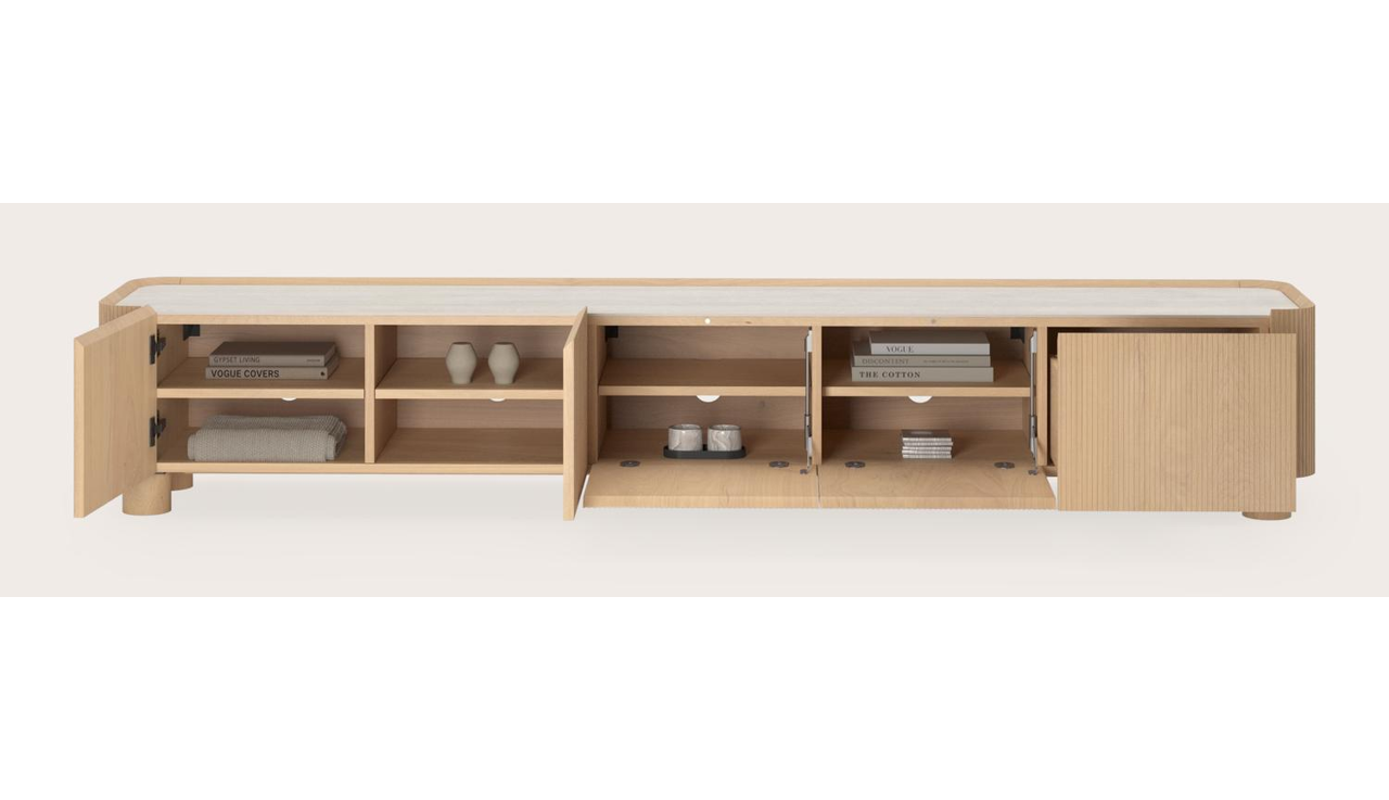 Meuble tv Grivato en chêne couleur naturelle avec pieds ronds avec plateau Ceramo rond en céramique en couleur Travertino Bianco 249 x 45 cm