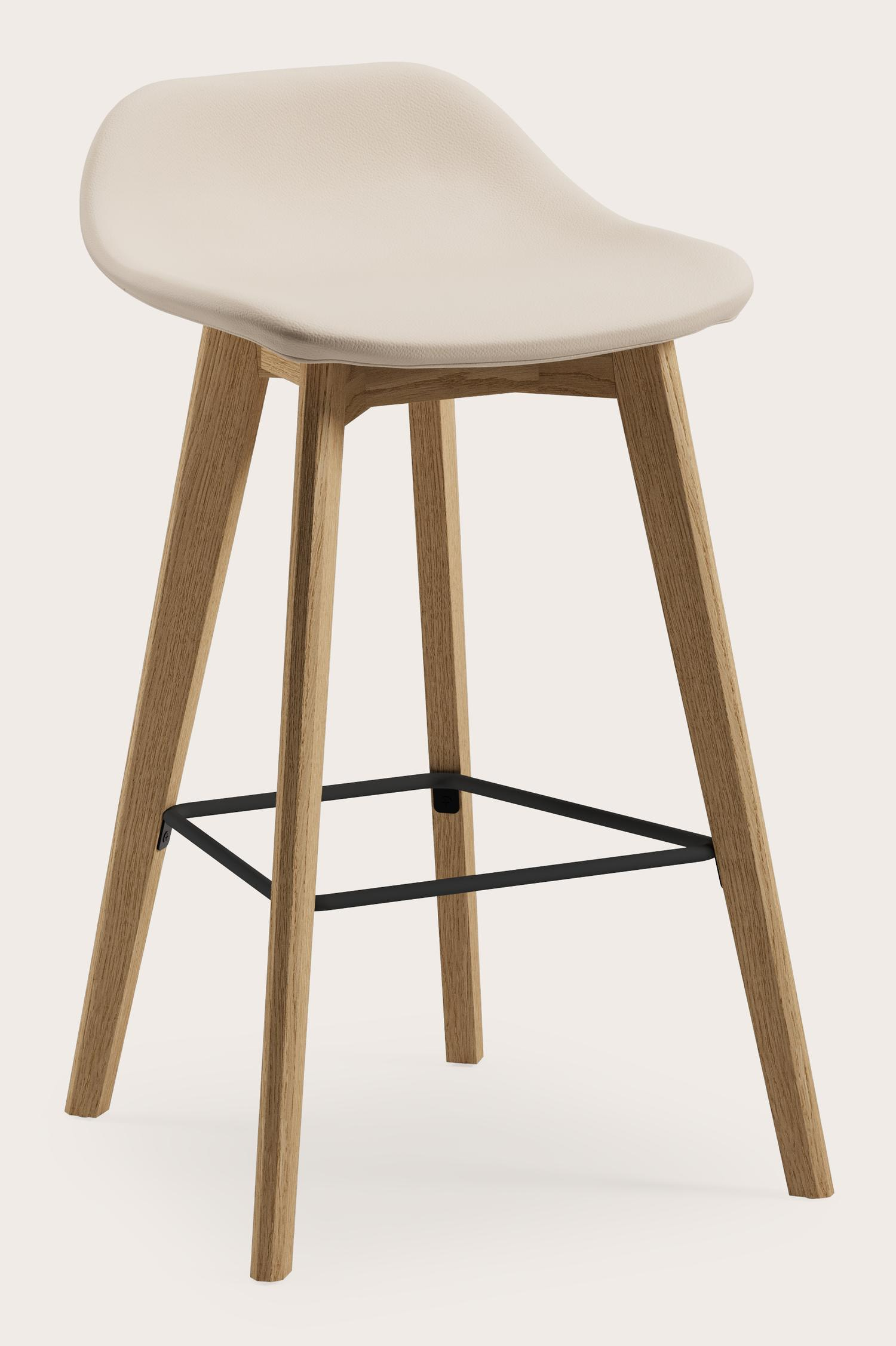 Vasco lage barstoel in natuurkleurige eik met zitting in Cuiro leder Latte