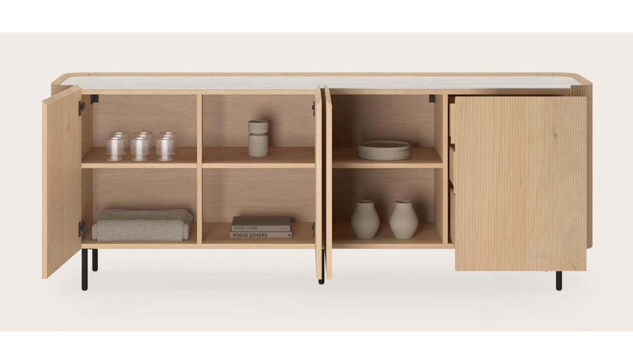 Grivato dressoir in natuurkleurige eik met ronde poten met volkeramisch Ceramo blad in kleur Travertino Bianco 219 x 45 cm